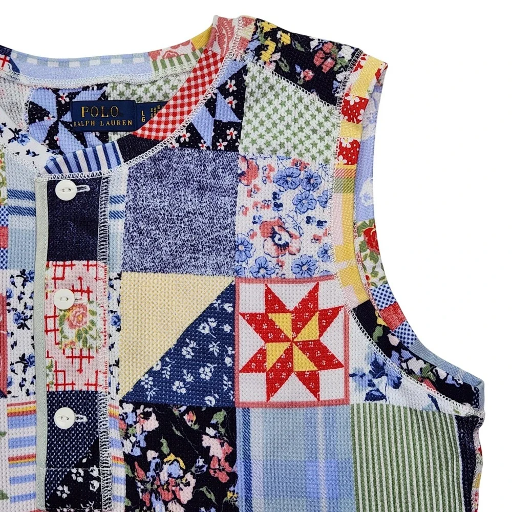 Polo Ralph Lauren Patchwork Quilt Print Waffle‎ Knit Maxi Dress Blue L RARE New - Picture 11 of 15